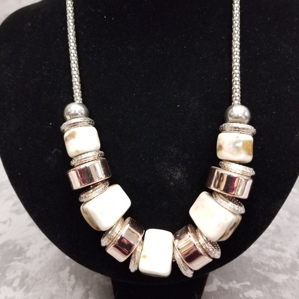 JS Necklace - Silvertone with Stones